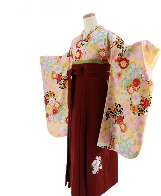 卒業式袴レンタルNo.10[SSサイズ][ポップ]薄黄・黒ピンクの桜
